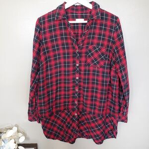 J. Jill Button Up Tunic Top Womens Size Small Red Black Plaid Cotton Layered